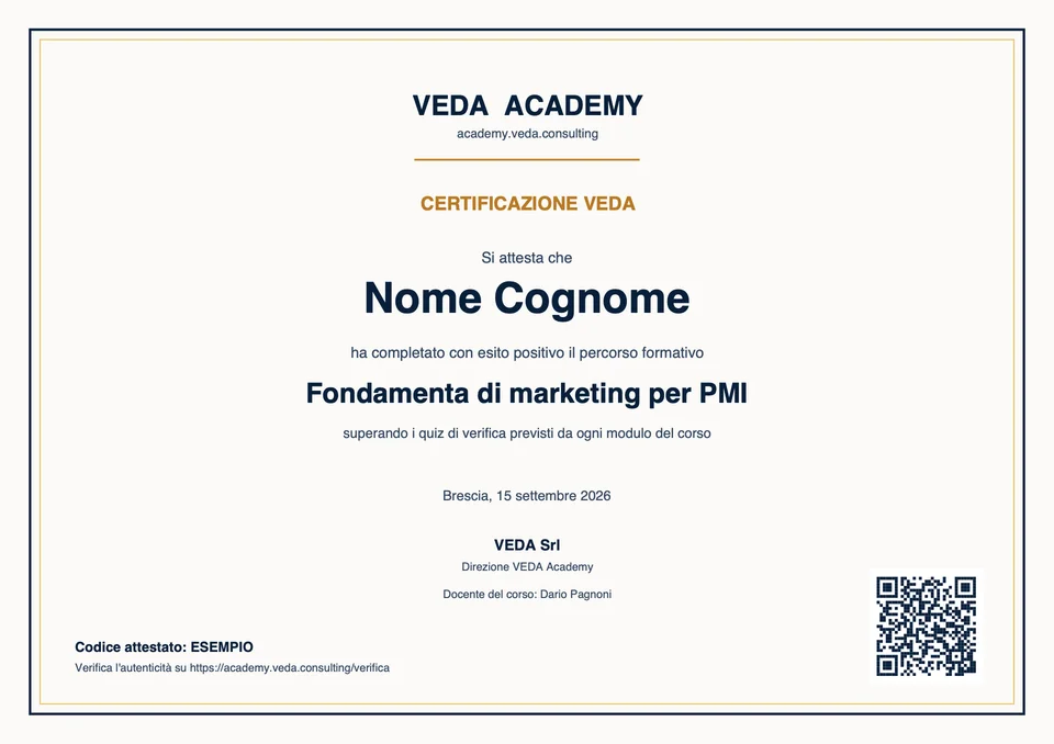 Esempio di attestato della Certificazione VEDA: nome, corso, data, codice univoco e QR code per la verifica